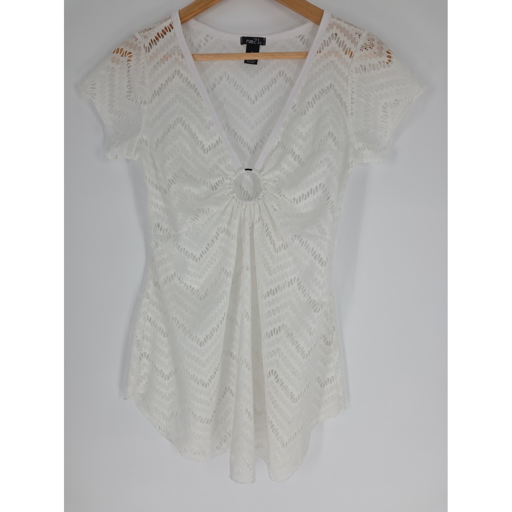 Vintage Y2K Rue 21 Open Weave Crochet Lace Short Sleeve Top Size L White